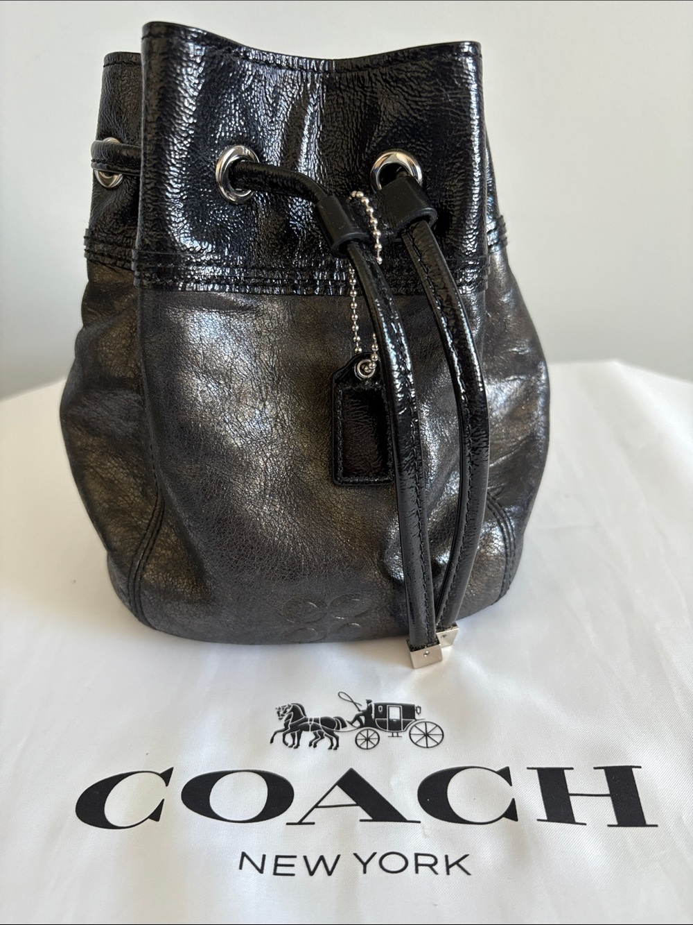 Coach Black Mini Leather Drawstring Bucket Bag